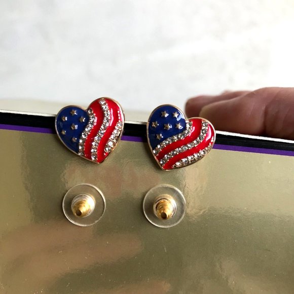American Flag Earrings Posts Heart Shaped Labor Day July 4th Veterans Memorial - Picture 4 of 10